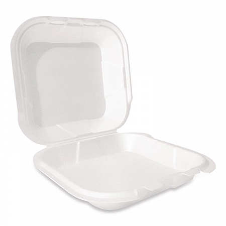Foam Hinged Lid Container, Secure Two Tab Latch, Poly Bag, 9 x 9 x 3, White, 100/Bag, 2 Bags/Carton (12095)