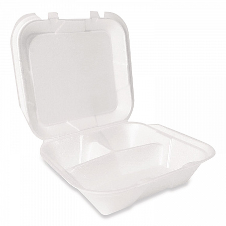 Foam Hinged Lid Container, Secure Two Tab Latch, Poly Bag, 3 Compartments, 9 x 9 x 3, White, 100/Bag, 2 Bags/Carton (12094)