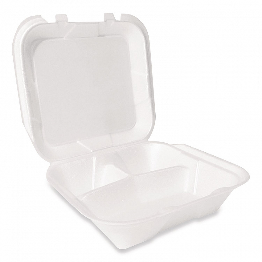 Foam Hinged Lid Container, Secure Two Tab Latch, Poly Bag, 3 Compartments, 9 x 9 x 3, White, 100/Bag, 2 Bags/Carton (12094)