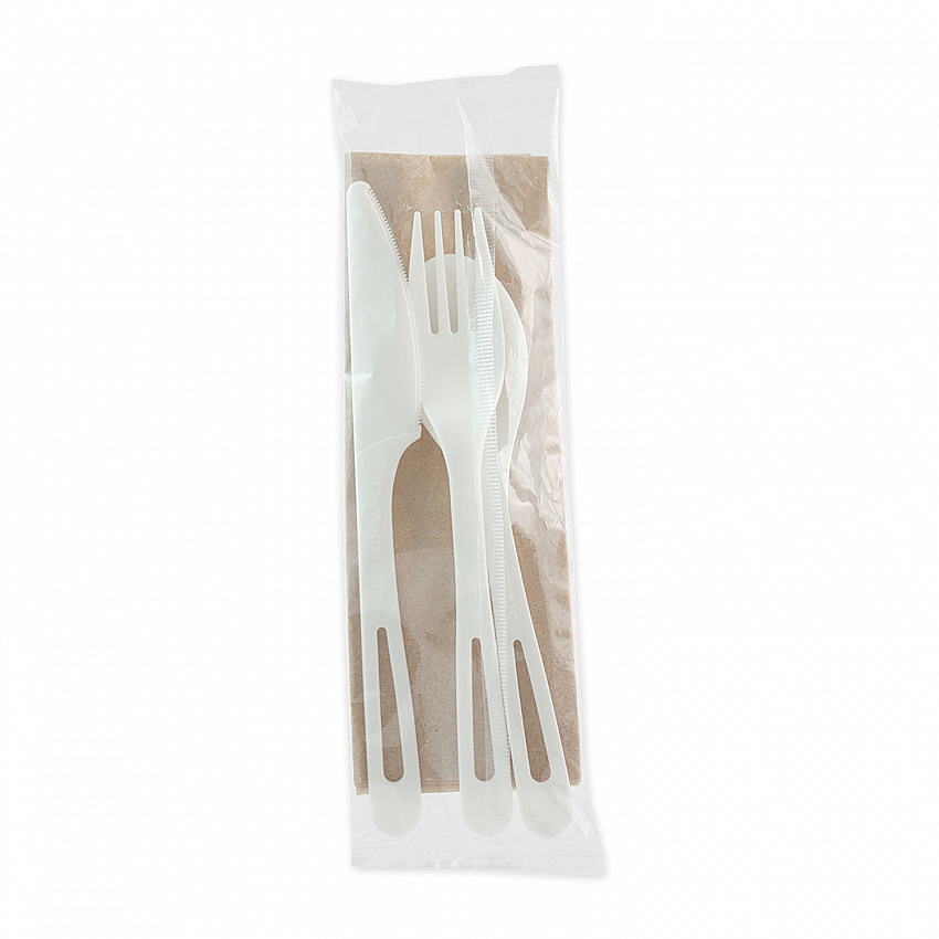 TPLA Wrapped Cutlery, Fork/Knife/Napkin/Spoon, Plastic, Light Beige, 250/Carton (ASPSTN)