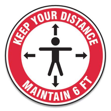 Accuform Slip-Gard Social Distance Floor Signs, 17" Circle, "Keep Your Distance Maintain 6 ft", Human/Arrows, Red/White, 25/Pack (MFS347ESP)