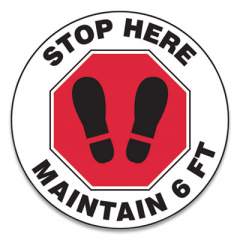 Accuform Slip-Gard Social Distance Floor Signs, 17" Circle, "Stop Here Maintain 6 ft", Footprint, Red/White, 25/Pack (MFS390ESP)