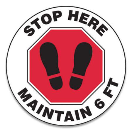 Accuform Slip-Gard Social Distance Floor Signs, 17" Circle, "Stop Here Maintain 6 ft", Footprint, Red/White, 25/Pack (MFS390ESP)