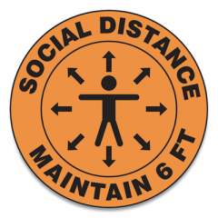 Accuform Slip-Gard Social Distance Floor Signs, 17" Circle, "Social Distance Maintain 6 ft", Human/Arrows, Orange, 25/Pack (MFS382ESP)
