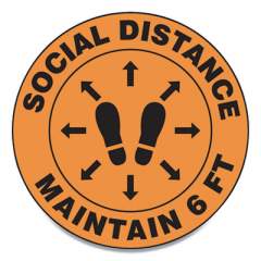 Accuform Slip-Gard Social Distance Floor Signs, 17" Circle, "Social Distance Maintain 6 ft", Footprint, Orange, 25/Pack (MFS386ESP)