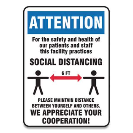 Accuform Social Distance Signs, Wall, 7 x 10, Patients and Staff Social Distancing, Humans/Arrows, Blue/White, 10/Pack (MGNG903VPESP)