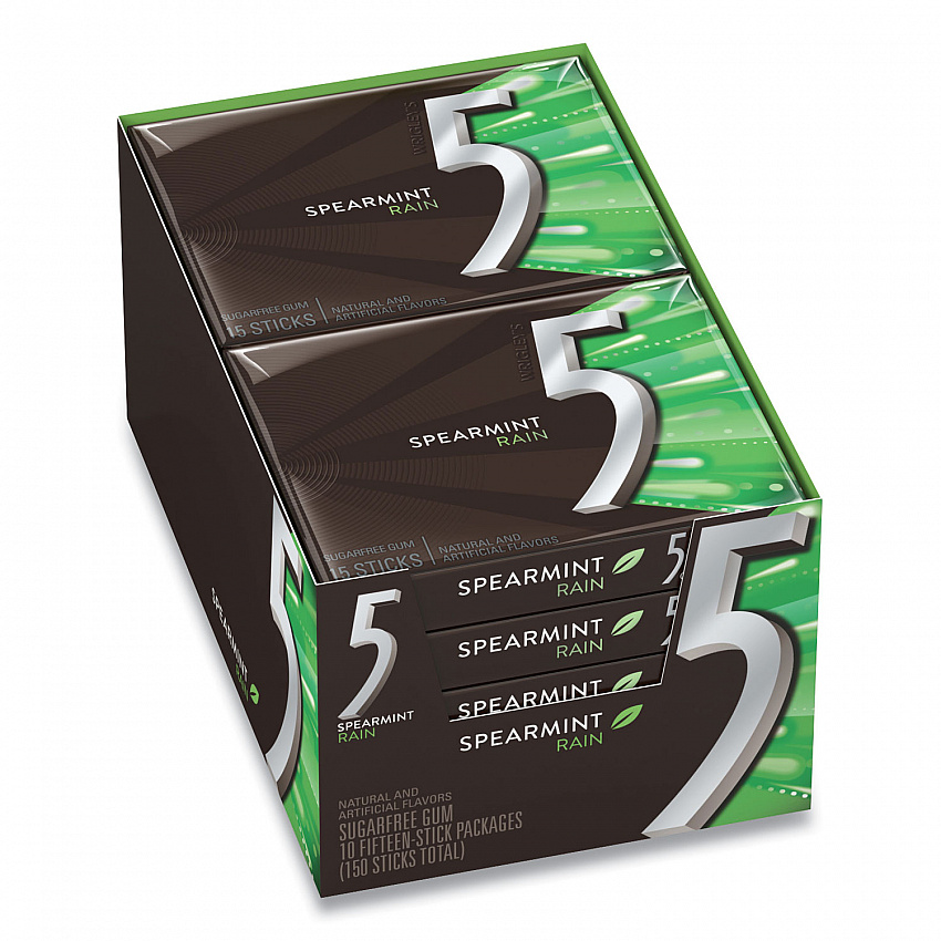 5 Gum, Spearmint Rain, 15 Sticks/Pack, 10 Packs/Box (WMW51404)