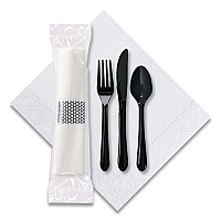 CaterWrap Cater to Go Express Cutlery Kit, Heavyweight, Fork/Knife/Napkin/Spoon, Plastic, Black, 100/Carton (119901)