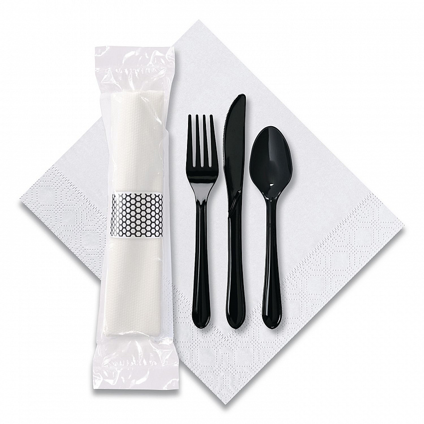 CaterWrap Cater to Go Express Cutlery Kit, Heavyweight, Fork/Knife/Napkin/Spoon, Plastic, Black, 100/Carton (119901)