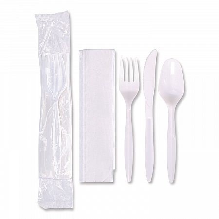 Economy Cutlery Kit, Fork/Knife/Napkin/Spoon, Plastic, White, 250/Carton (117799)