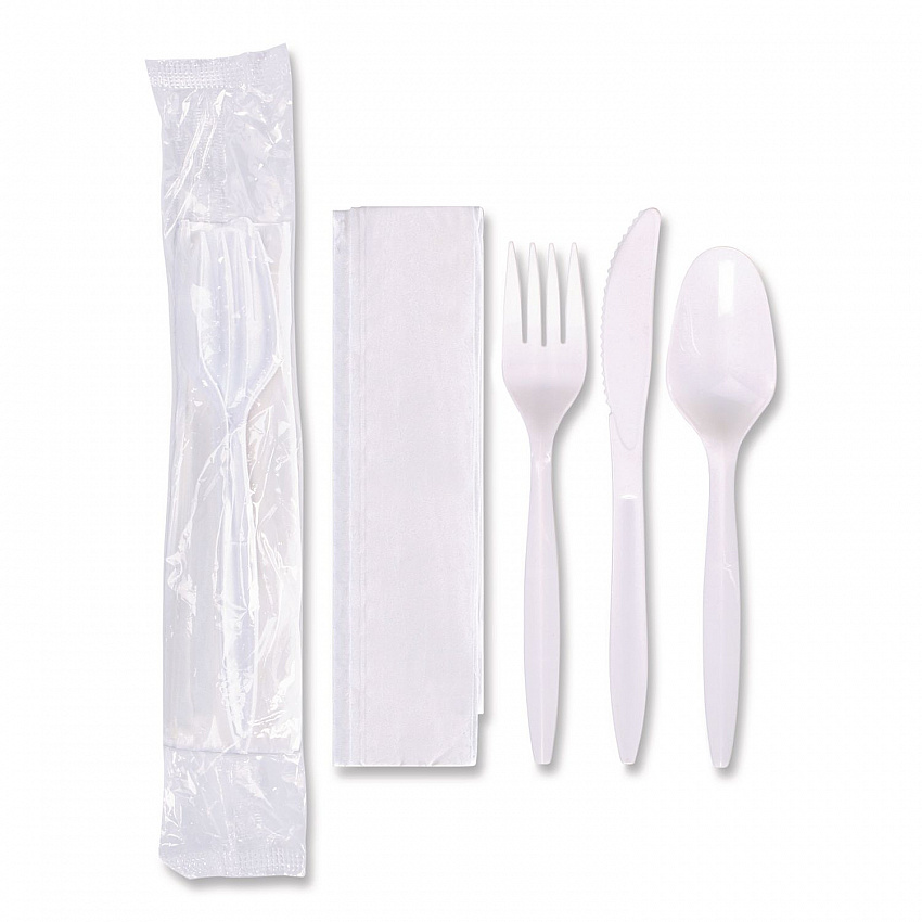 Economy Cutlery Kit, Fork/Knife/Napkin/Spoon, Plastic, White, 250/Carton (117799)