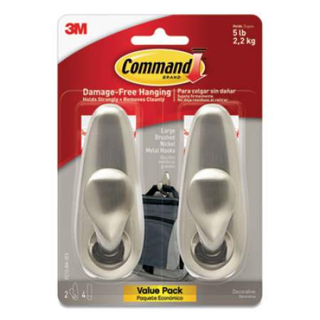 Command Adhesive Mount Metal Hook, Large, Brushed Nickel Finish, 2 Hooks and 4 Strips/Pack (FC13BN2ES)