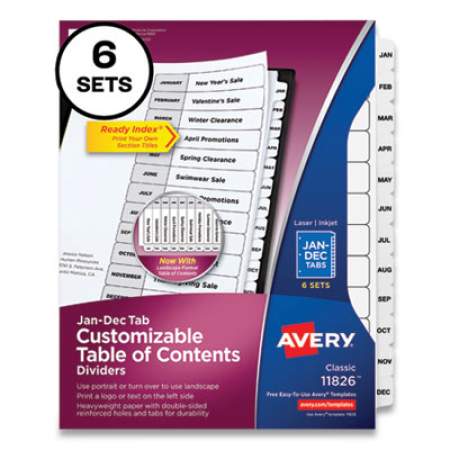 Avery Customizable Table of Contents Ready Index Black and White Dividers, 12-Tab, Jan. to Dec., 11 x 8.5, 6 Sets (11826)