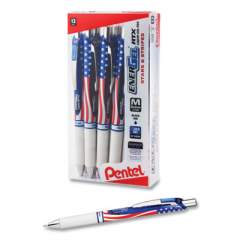 Pentel EnerGel RTX Stars and Stripes Gel Pen, Retractable, Medium 0.7 mm, Black Ink, Red/White/Blue Barrel, Dozen (BL77USAA)