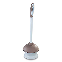 Plastic Toilet Plunger and Caddy with Microban, 16" Plastic Handle, 6.5" dia, White/Taupe (360MB)