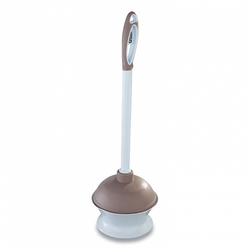 Plastic Toilet Plunger and Caddy with Microban, 16" Plastic Handle, 6.5" dia, White/Taupe (360MB)