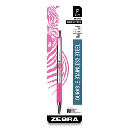 Zebra F-301 Ballpoint Pen, Retractable, Fine 0.7 mm, Black Ink, Stainless Steel/Pink Barrel (37111)
