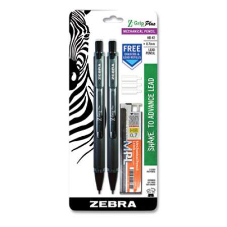 Zebra Z-Grip Plus Mechanical Pencil, 0.7 mm, HB (#2), Black Lead, Black Barrel, 2/Pack (24403544)