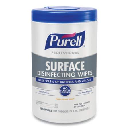 PURELL Professional Surface Disinfecting Wipes, 7 x 8, Fresh Citrus, 110/Canister, 6 Canister/Carton (934206CT)