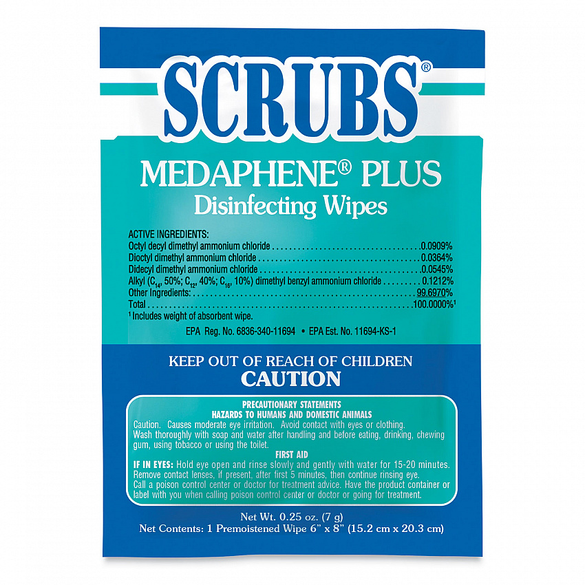 MEDAPHENE Plus Disinfectant Wet Wipes, 1-Ply, 6 x 8, Citrus, White, Individual Foil Packets, 100/Carton (96301)