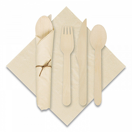 Pre-Rolled Caterwrap Kraft Napkins with Wood Cutlery, Fork/Knife/Napkin/Spoon, Plastic, Brown, 100/Carton (120030)