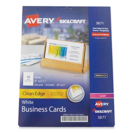 AbilityOne 7530016878444 SKILCRAFT/AVERY Clean Edge Business Cards, Laser, 3.5 x 2, White, 200 Cards, 10 Cards/Sheet, 20 Sheets/Pack
