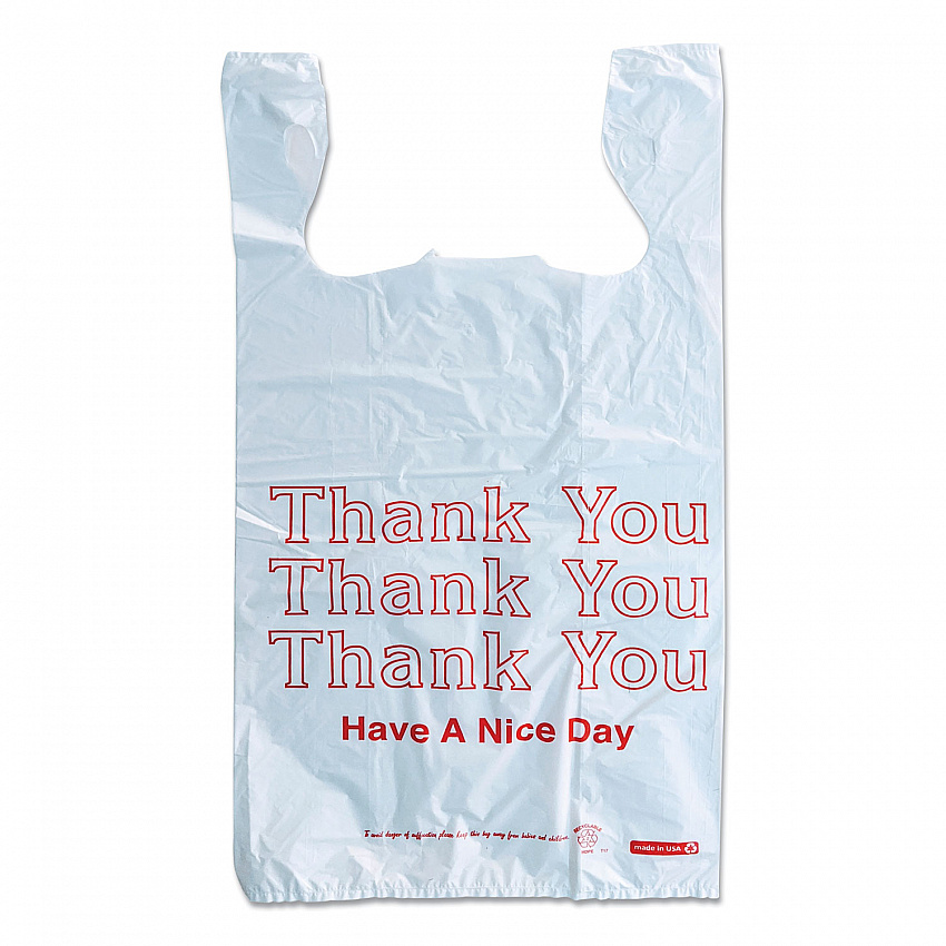 Plastic "Thank You - Have a Nice Day" Shopping Bags, Cut-Out Handles, 11.5" x 6.5" x 22", White/Red, 250/Box (925128)
