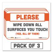 Tabbies BeSafe Messaging Repositionable Wall/Door Signs, 9 x 6, Please Wipe Down All Surfaces You Touch, White, 3/Pack (29063)