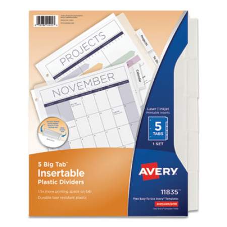 Avery Insertable Big Tab Plastic Dividers, 5-Tab, 11 x 8.5, Clear, 1 Set (11835)