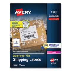 Avery Waterproof Shipping Labels with TrueBlock and Sure Feed, Laser Printers, 3.33 x 4, White, 6/Sheet, 50 Sheets/Pack (5524)