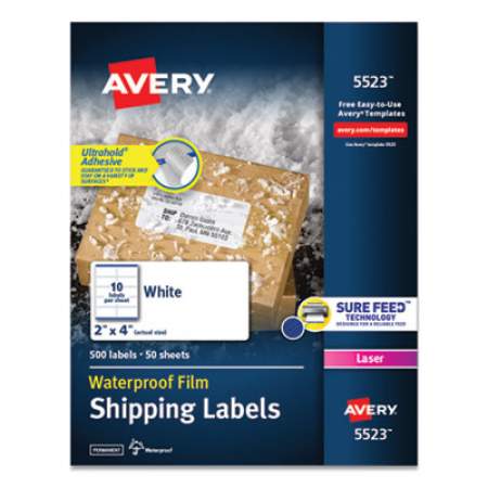 Avery Waterproof Shipping Labels with TrueBlock and Sure Feed, Laser Printers, 2 x 4, White, 10/Sheet, 50 Sheets/Pack (5523)