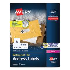 Avery Waterproof Address Labels with TrueBlock and Sure Feed, Laser Printers, 1 x 2.63, White, 30/Sheet, 50 Sheets/Pack (5520)