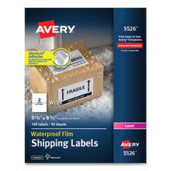 Avery Waterproof Shipping Labels with TrueBlock Technology, Laser Printers, 5.5 x 8.5, White, 2/Sheet, 50 Sheets/Pack (5526)