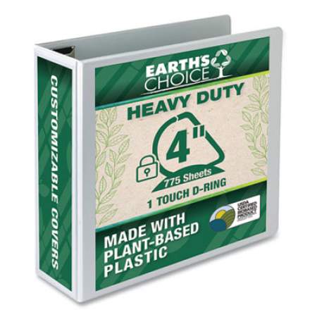 Samsill Earth's Choice Heavy-Duty Biobased One-Touch Locking D-Ring View Binder, 3 Rings, 4" Capacity, 11 x 8.5, White (19897)