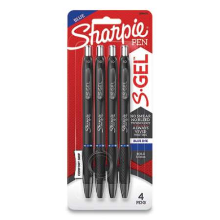 Sharpie S-Gel S-Gel High-Performance Gel Pen, Retractable, Bold 1 mm, Blue Ink, Black Barrel, 4/Pack (24424401)