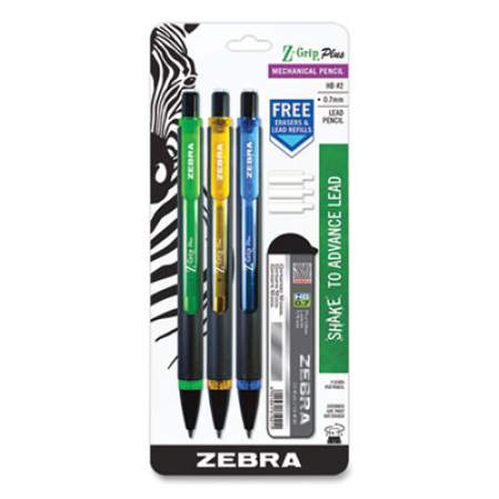 Zebra Z-Grip Plus Mechanical Pencil, 0.7 mm, HB (#2), Black Lead, Assorted Barrel Colors, 3/Pack (24403543)