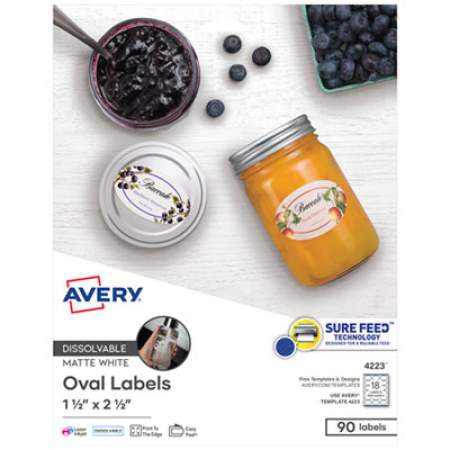 Avery White Dissolvable Labels w/ Sure Feed, 1 1/2 x 2 1/2, Oval, White, 90/PK (4223)