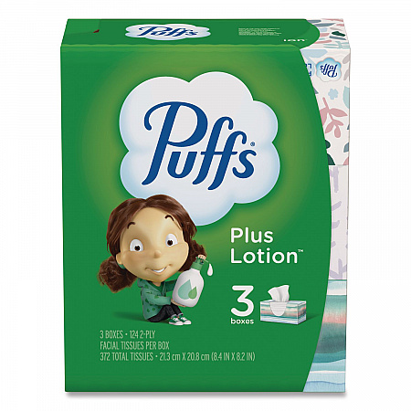 Plus Lotion Facial Tissue, 2-Ply, White, 124 Sheets/Box, 3 Box/Pack (39363PK)