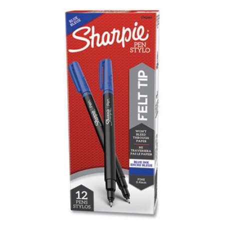 Sharpie Water-Resistant Ink Porous Point Pen, Stick, Fine 0.4 mm, Blue Ink, Black/Gray/Blue Barrel, Dozen (1742664)