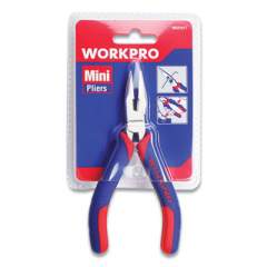 Workpro Mini Long Nose Pliers, 5" Long, Ni-Fe-Coated Drop-Forged Carbon Steel, Blue/Red Soft-Grip Handle (W031017WE)