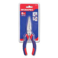 Workpro Long Nose Pliers, 6" Long, Ni-Fe-Coated Drop-Forged Carbon Steel, Blue/Red Soft-Grip Handle (24394539)