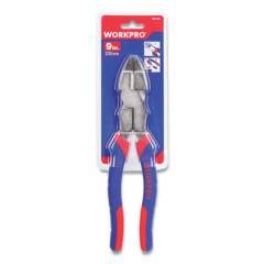Workpro Linesman Pliers, 9" Long, Ni-Fe-Coated Drop-Forged Carbon Steel, Blue/Red Soft-Grip Handle (24394563)