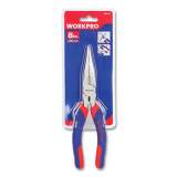 Workpro Long Nose Pliers, 8" Long, Ni-Fe-Coated Drop-Forged Carbon Steel, Blue/Red Soft-Grip Handle (24394571)