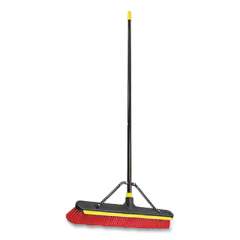 Quickie Bulldozer 2-in-1 Squeegee Pushbroom, 24 x 54, PET Bristles, Finished Steel Handle, Black/Red/Yellow (635SU)