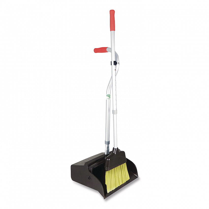 Telescopic Ergo Dust Pan with Broom, 12" Wide, 34" to 44" Pan, 47" to 57" Broom, Metal/Vinyl/Cotton, Black/Silver/Red (EDTBR)