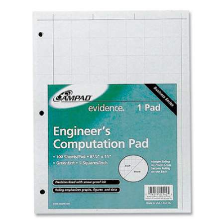 Ampad Evidence Engineer's Computation Pad, Cross-Section Quadrille Rule (5 sq/in, 1 sq/in), 100 Green-Tint 8.5 x 11 Sheets (22142)