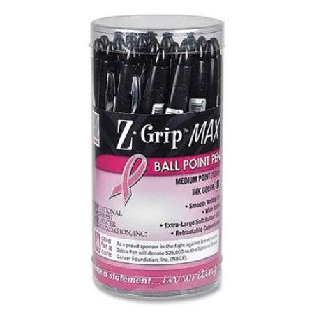 Zebra Z-Grip MAX Breast Cancer Awareness Ballpoint Pen, Retractable, Bold 1.2 mm, Black Ink, Translucent Black Barrel, 24/Pack (180483)