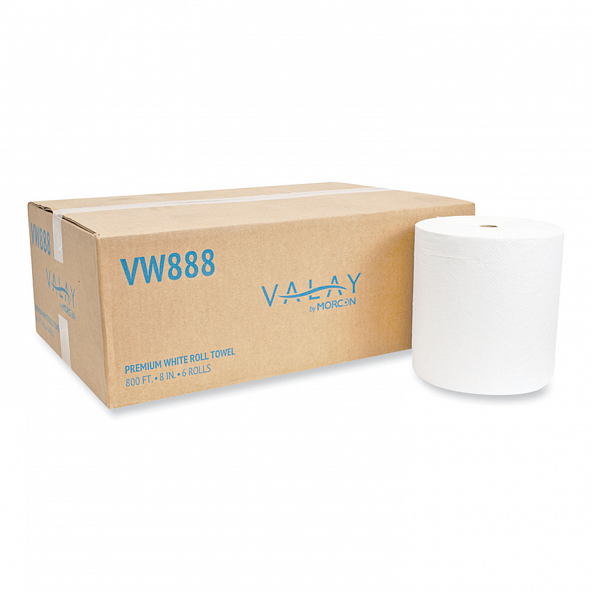 Valay Proprietary Roll Towels, 1-Ply, 8" x 800 ft, White, 6 Rolls/Carton (VW888)