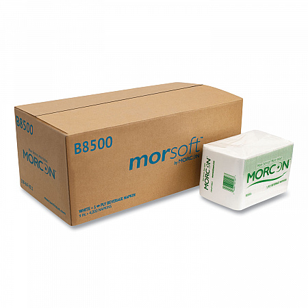Morsoft Beverage Napkins, 1-Ply, 9 x 9, White, 500/Pack, 8 Packs/Carton (B8500)