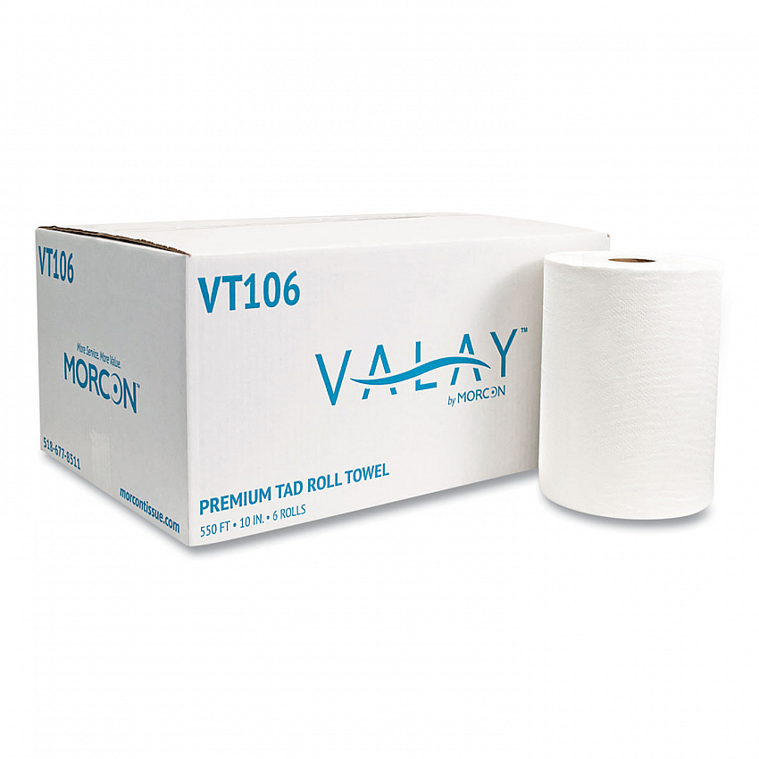 10 Inch TAD Roll Towels, 1-Ply, 10" x 550 ft, White, 6 Rolls/Carton (VT106)